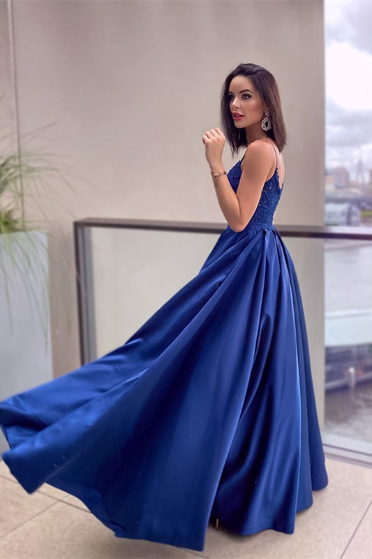 Royal Blue Evening Dress with Lace Appliques and Pockets-BallBride