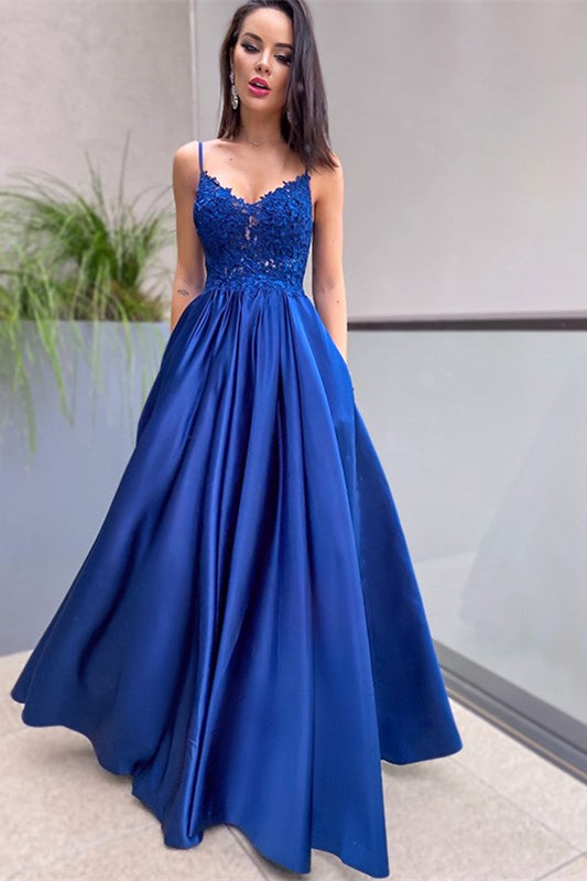 Royal Blue Evening Dress with Lace Appliques and Pockets-BallBride