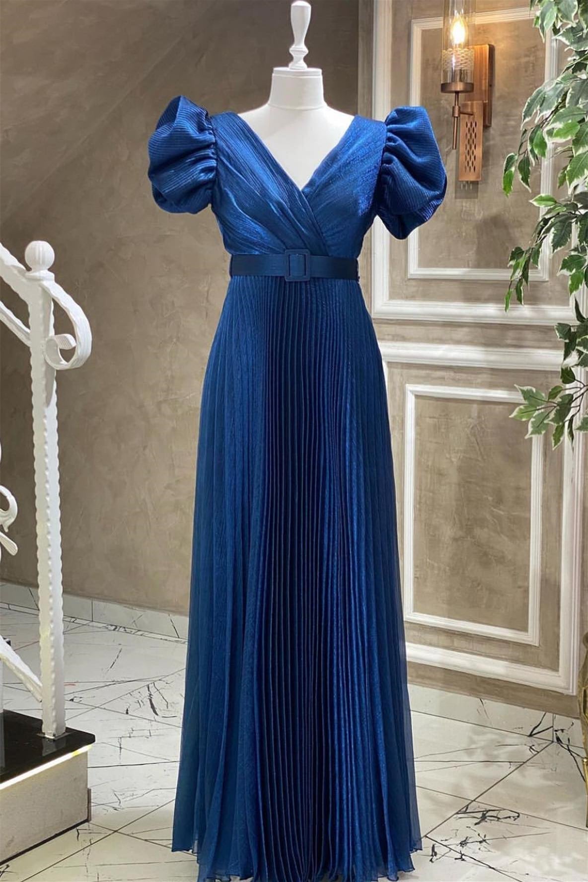 Royal Blue Evening Dress With Short Sleeves and Belt - V-Neck Online-BallBride