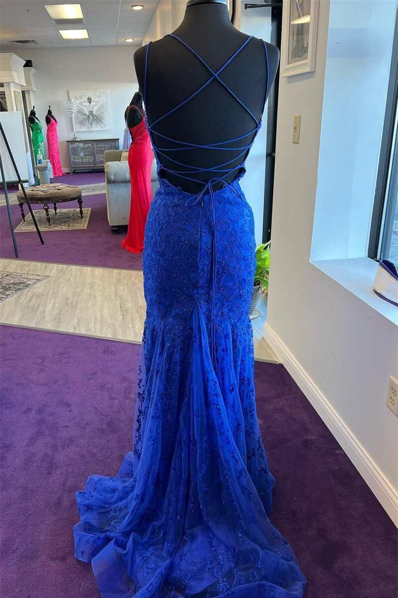 Royal Blue Evening Dress with Tulle Appliques and Spaghetti-Straps-BallBride