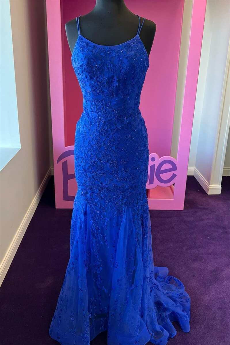 Royal Blue Evening Dress with Tulle Appliques and Spaghetti-Straps-BallBride
