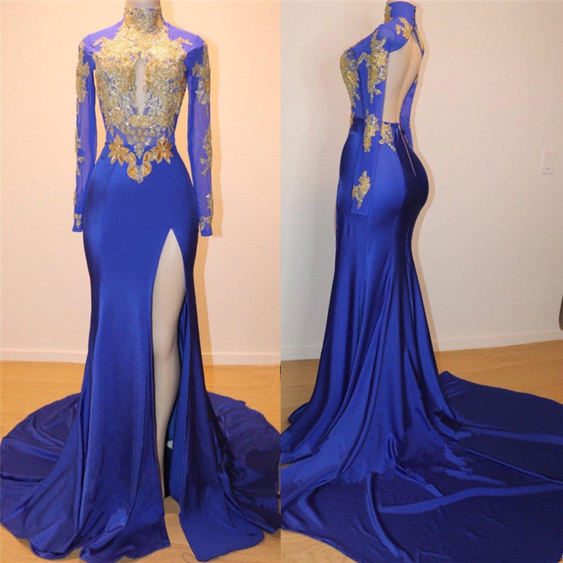 Royal Blue Fit and Flare Slit Prom Dress with Appliques for Long Sleeves-BallBride