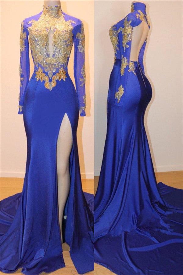Royal Blue Fit and Flare Slit Prom Dress with Appliques for Long Sleeves-BallBride