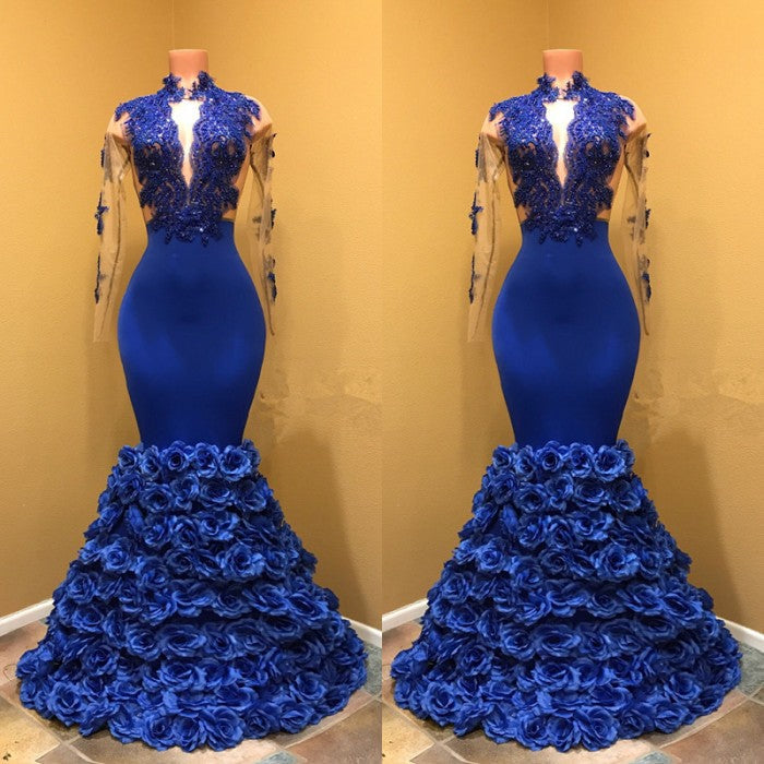 Royal Blue Flowers High Neck Long Sleeves Appliques Modern Prom Dress-BallBride