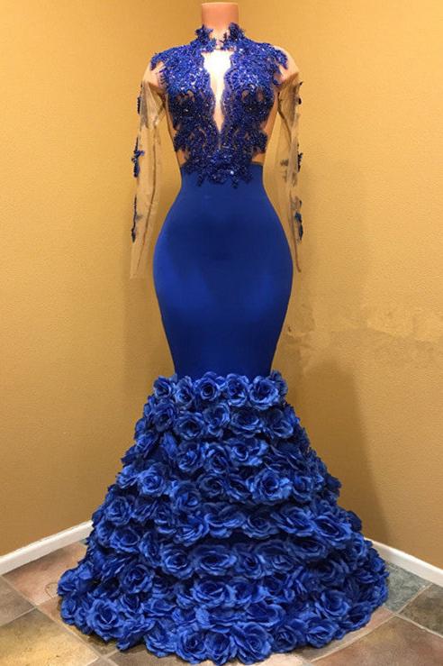 Royal Blue Flowers High Neck Long Sleeves Appliques Modern Prom Dress-BallBride