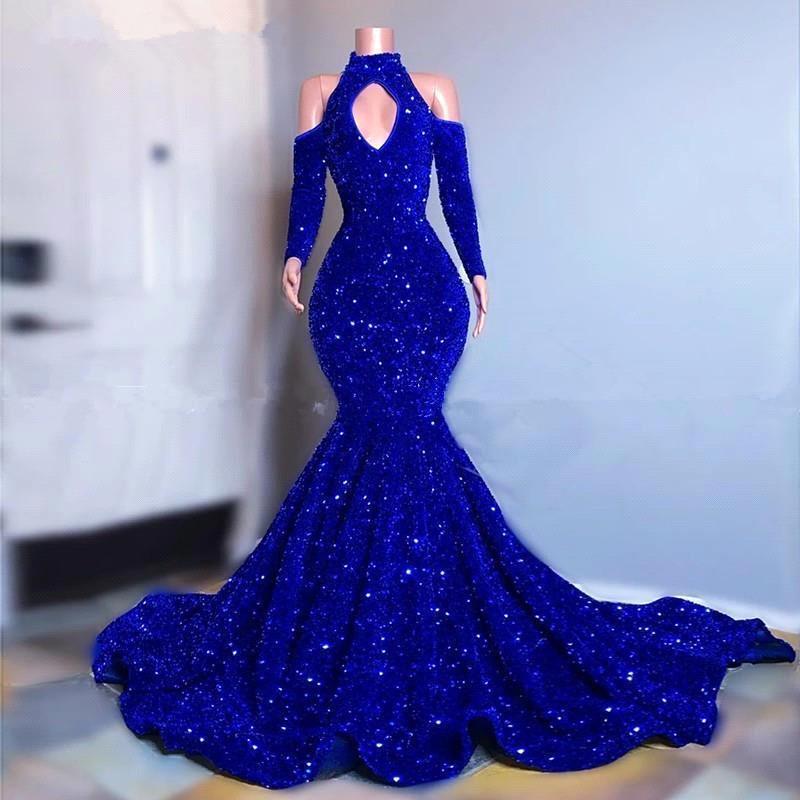 Royal Blue High Collar Mermaid Long Prom Dress With Sequins-BallBride