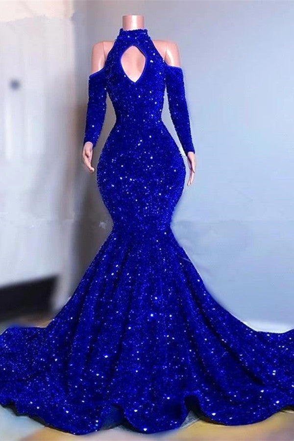 Royal Blue High Collar Mermaid Long Prom Dress With Sequins-BallBride