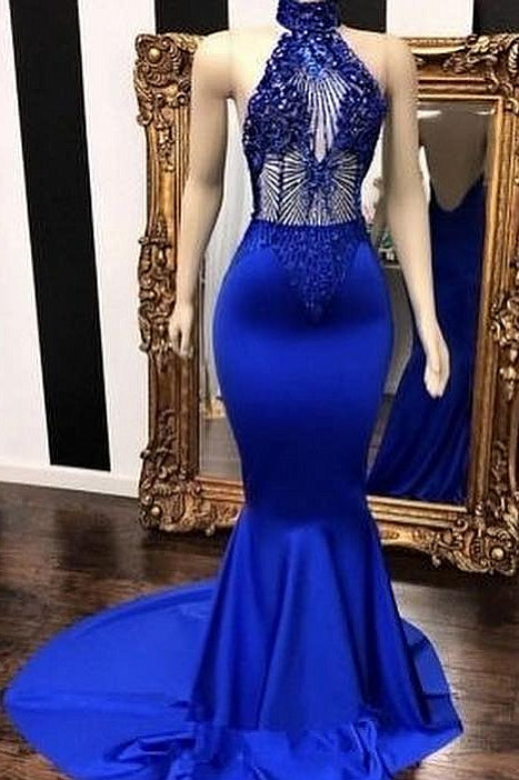 Royal Blue High Neck Crystal Mermaid Sleeveless Prom Dress-BallBride