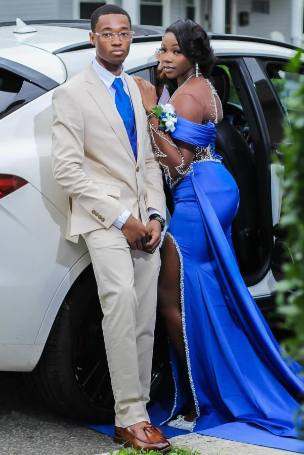 Royal Blue Long Sleeves Star Beadings Mermaid Side Slit Prom Dress-BallBride