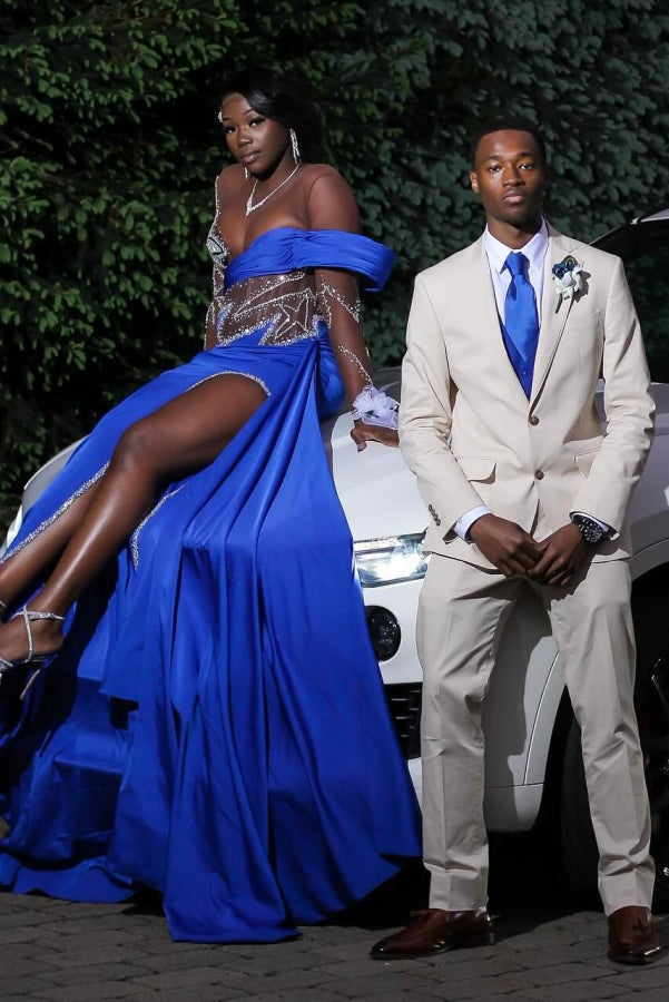 Royal Blue Long Sleeves Star Beadings Mermaid Side Slit Prom Dress-BallBride