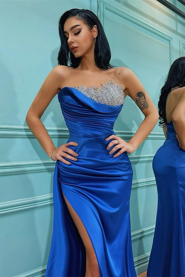 Royal Blue Mermaid Evening Dress With Beadings - Strapless Sleeveless Split-BallBride