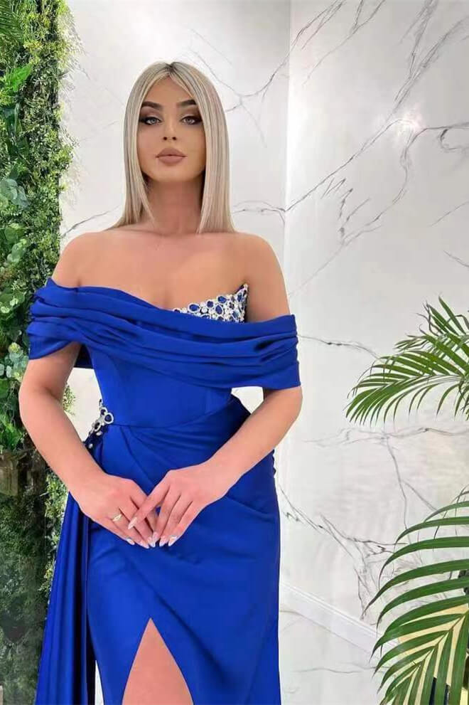 Royal Blue Mermaid Split Prom Dress With Ruffles Off-The-Shoulder-BallBride
