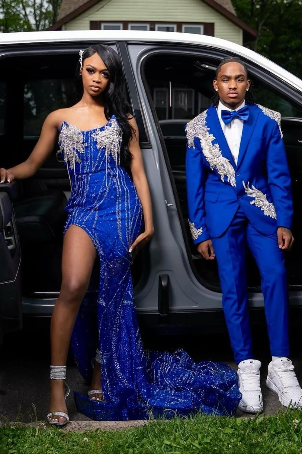 Royal Blue Modern Strapless Side Slit Appliques Prom Dress with Beadings-BallBride
