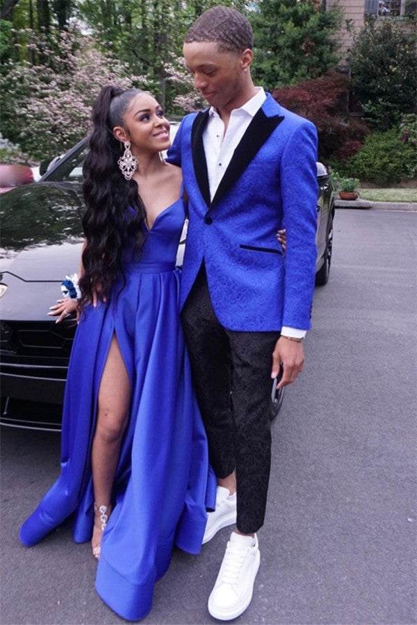 Royal Blue One Button Dinner Prom Suit for Men with Jacquard Peaked Lapel-BallBride