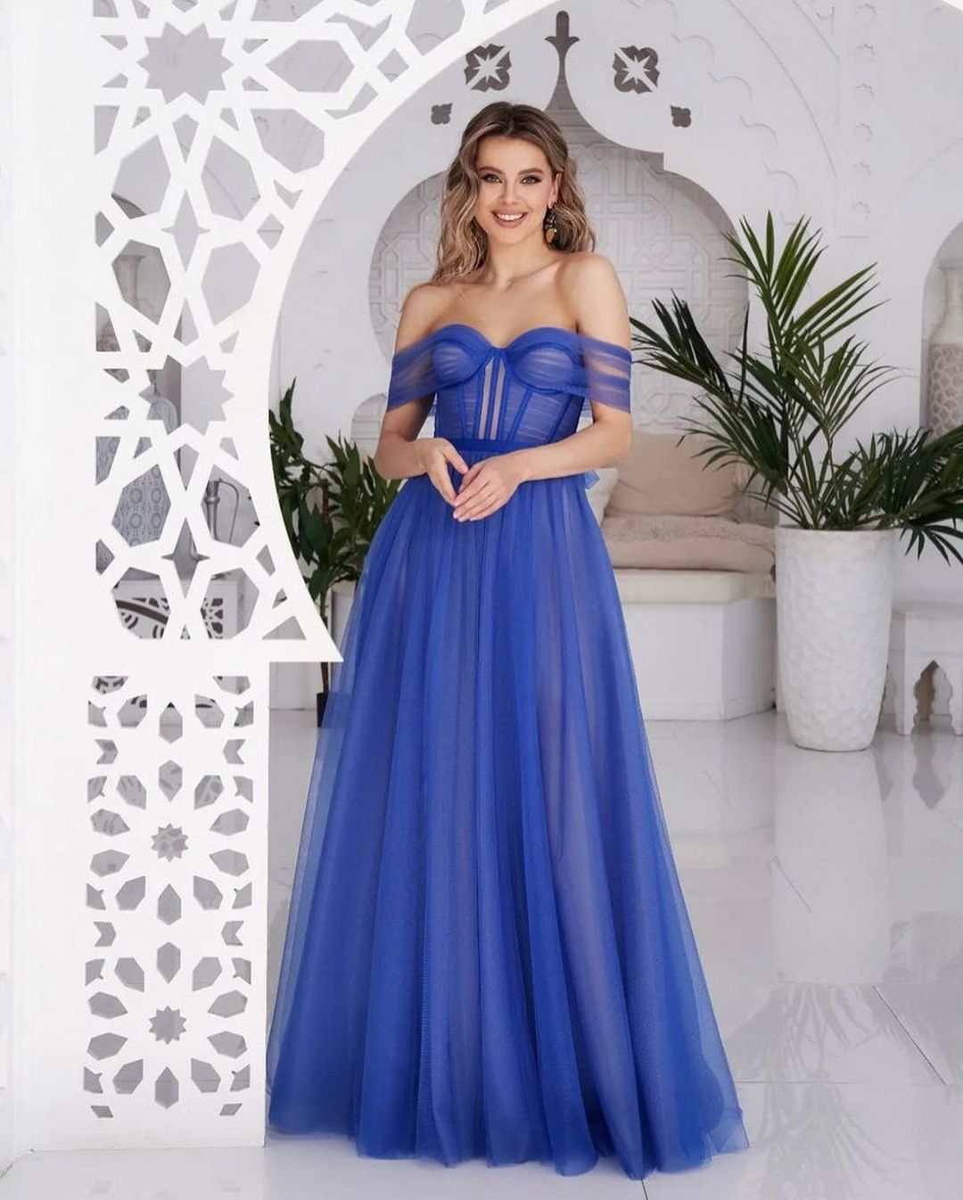 Royal Blue Prom Dress with Off-the-shoulder Sweetheart Tulle-BallBride