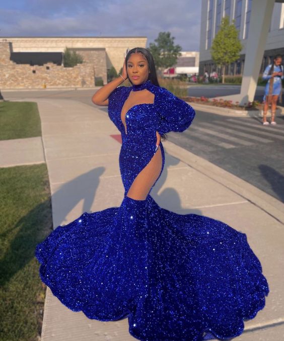 Royal Blue Sequins High Neck Mermaid Sheer Mesh Prom Dress-BallBride
