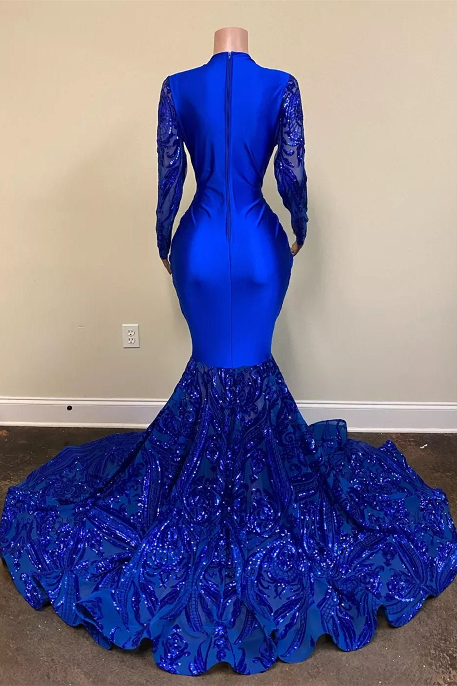 Royal Blue Sequins Prom Dress with Long Sleeves-BallBride