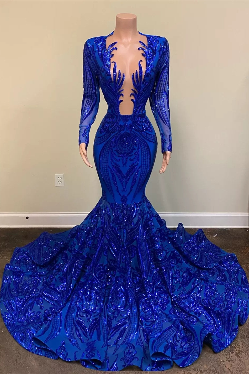 Royal Blue Sequins Prom Dress with Long Sleeves-BallBride