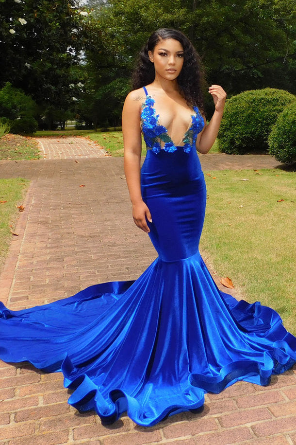 Royal Blue Spaghetti Straps Appliques Mermaid Velvet Prom Dress-BallBride