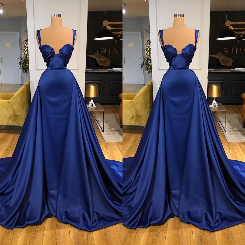 Royal Blue Straps Sheath Crystal Prom Dress with Overskirt-BallBride