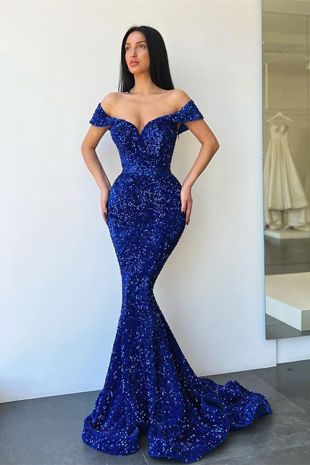 Royal Blue Sweetheart Evening Dress with Off-The-Shoulder & Sequins Mermaid Design-BallBride