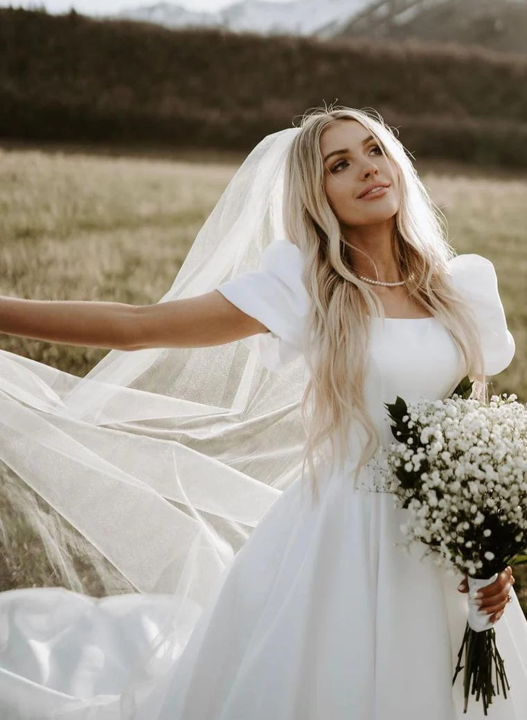Satin Square Neckline Ball-Gown Wedding Dresses-Ballbride