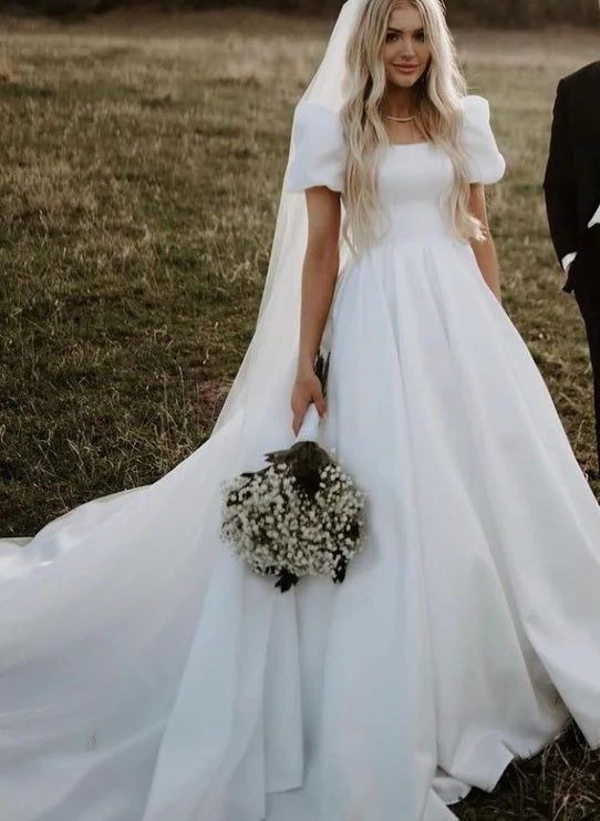 Satin Square Neckline Ball-Gown Wedding Dresses-Ballbride