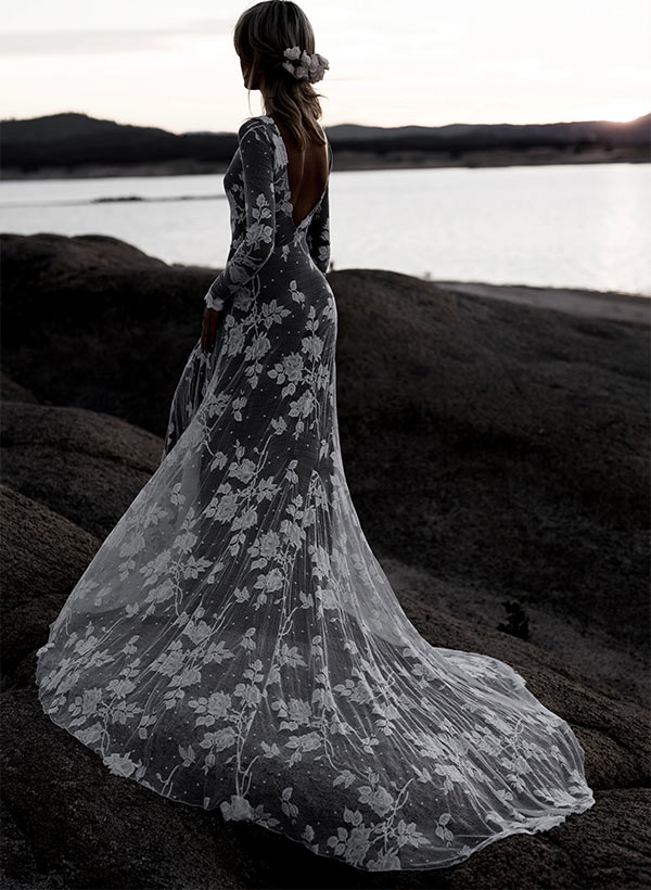 Scoop Neck Long Sleeves Court Train Lace Wedding Dresses Mermaid Fitted Style-Ballbride