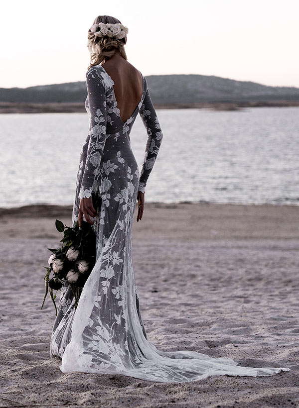 Scoop Neck Long Sleeves Court Train Lace Wedding Dresses Mermaid Fitted Style-Ballbride