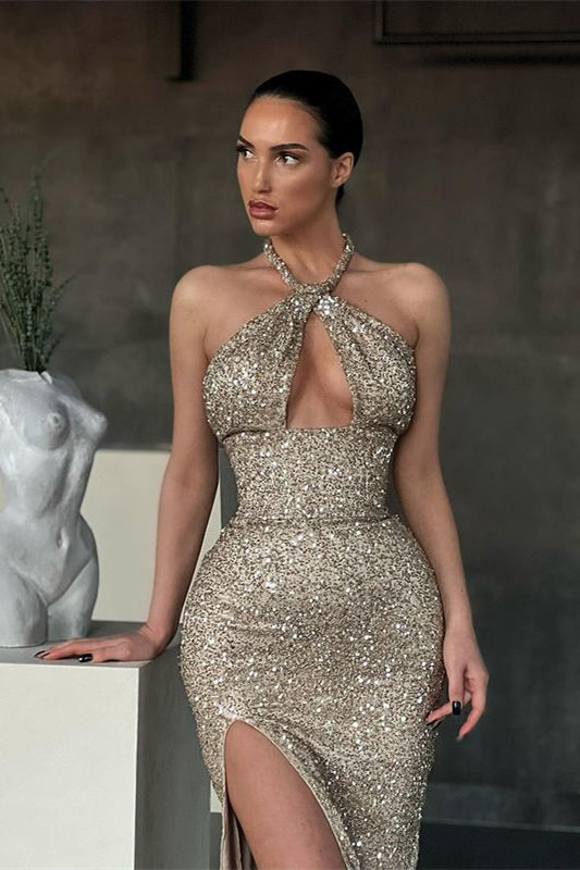 Sequins Mermaid Evening Dress With Split - Sleeveless Halter Long-BallBride