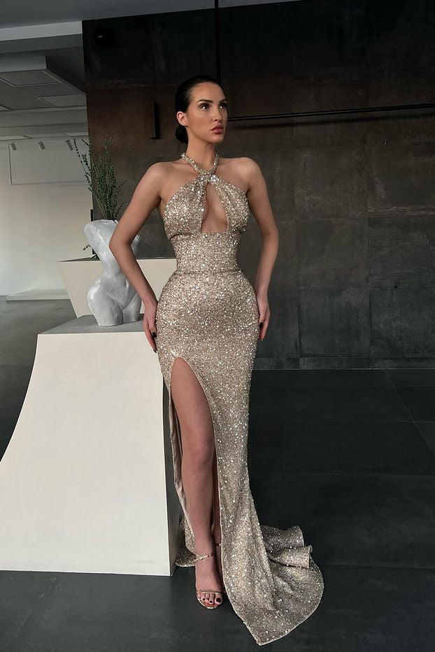 Sequins Mermaid Evening Dress With Split - Sleeveless Halter Long-BallBride