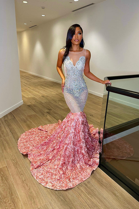 Sequins Sleeveless Flower Mermaid Princess Prom Dress Splicing Trumpet for Crew Neck-BallBride