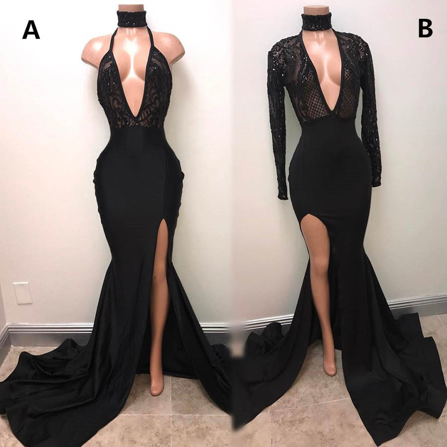 Sexy Black Deep V-Neck Lace Side Slit Sequined Bespoke Prom Dress-BallBride