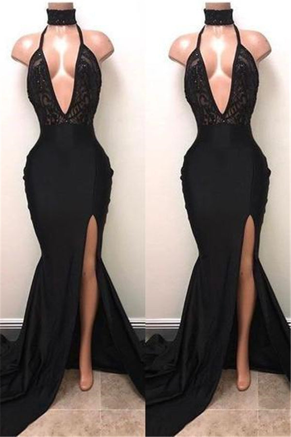 Sexy Black Deep V-Neck Lace Side Slit Sequined Bespoke Prom Dress-BallBride