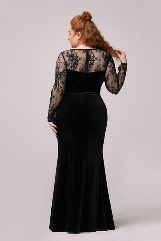Sexy Black Long Sleeve Lace Plus Size Dress with Slit-BallBride