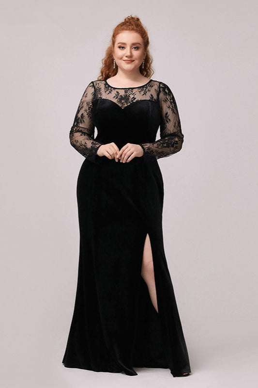 Sexy Black Long Sleeve Lace Plus Size Dress with Slit-BallBride