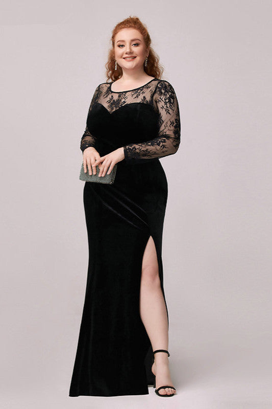 Sexy Black Long Sleeve Lace Plus Size Dress with Slit-BallBride