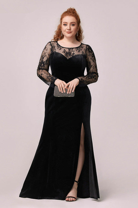 Sexy Black Long Sleeve Lace Plus Size Dress with Slit-BallBride