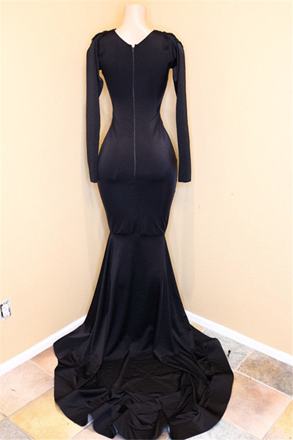 Sexy Black Mermaid V-Neck Long Sleeves Appliques Sequins Prom Dress-BallBride