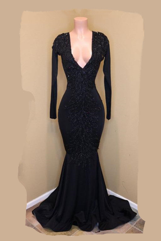 Sexy Black Mermaid V-Neck Long Sleeves Appliques Sequins Prom Dress-BallBride