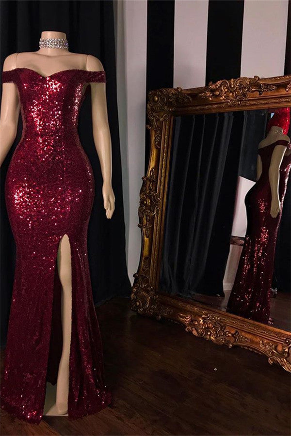 Sexy Burgundy Sequins Side Slit Sheath Floor Length Prom Dress-BallBride