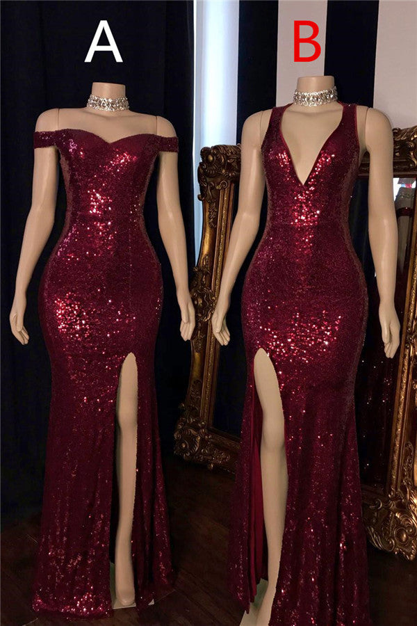Sexy Burgundy Sequins Side Slit Sheath Floor Length Prom Dress-BallBride