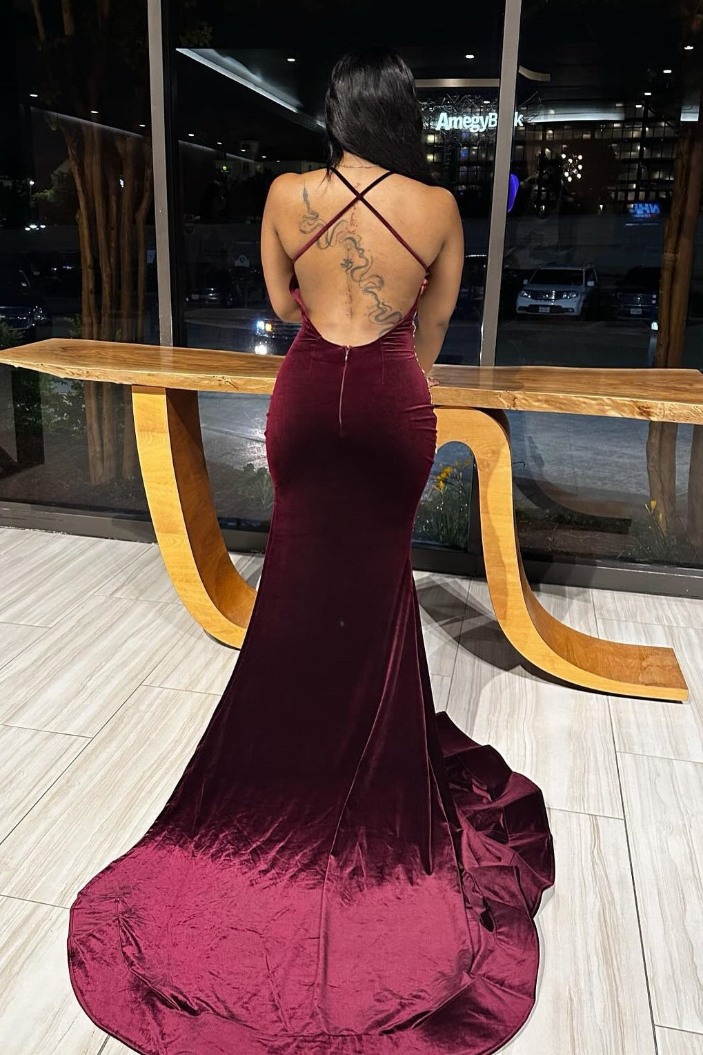 Sexy Burgundy V-Neck Open Back Appliques Velvet Prom Dress-BallBride