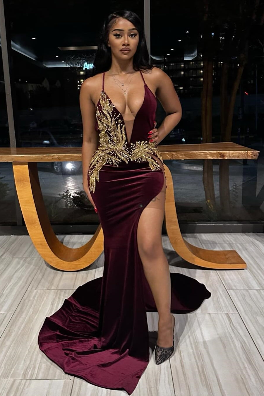 Sexy Burgundy V-Neck Open Back Appliques Velvet Prom Dress-BallBride