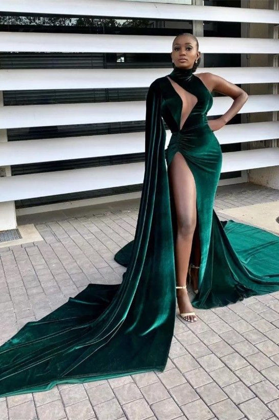 Sexy Dark Green High Neck Side Slit Sleeveless Velvet Prom Dress-BallBride