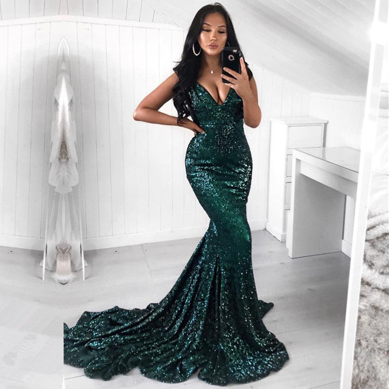 Sexy Dark Green Sequins V-Neck Sleeveless Mermaid Prom Dress-BallBride