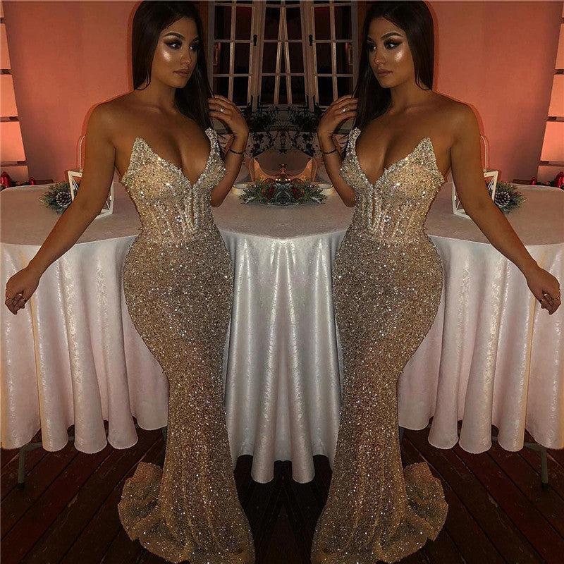 Sexy Gold Sequins Sweetheart Mermaid Crystal Prom Dresses-BallBride