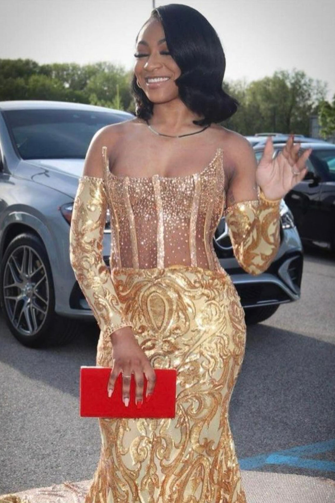 Sexy Gold Strapless Sequins Mermaid Beads Prom Dress-BallBride