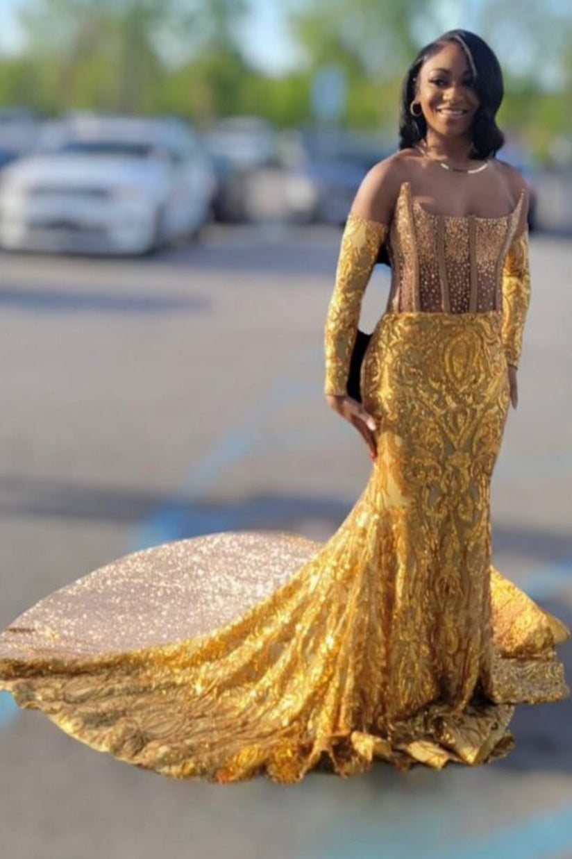 Sexy Gold Strapless Sequins Mermaid Beads Prom Dress-BallBride