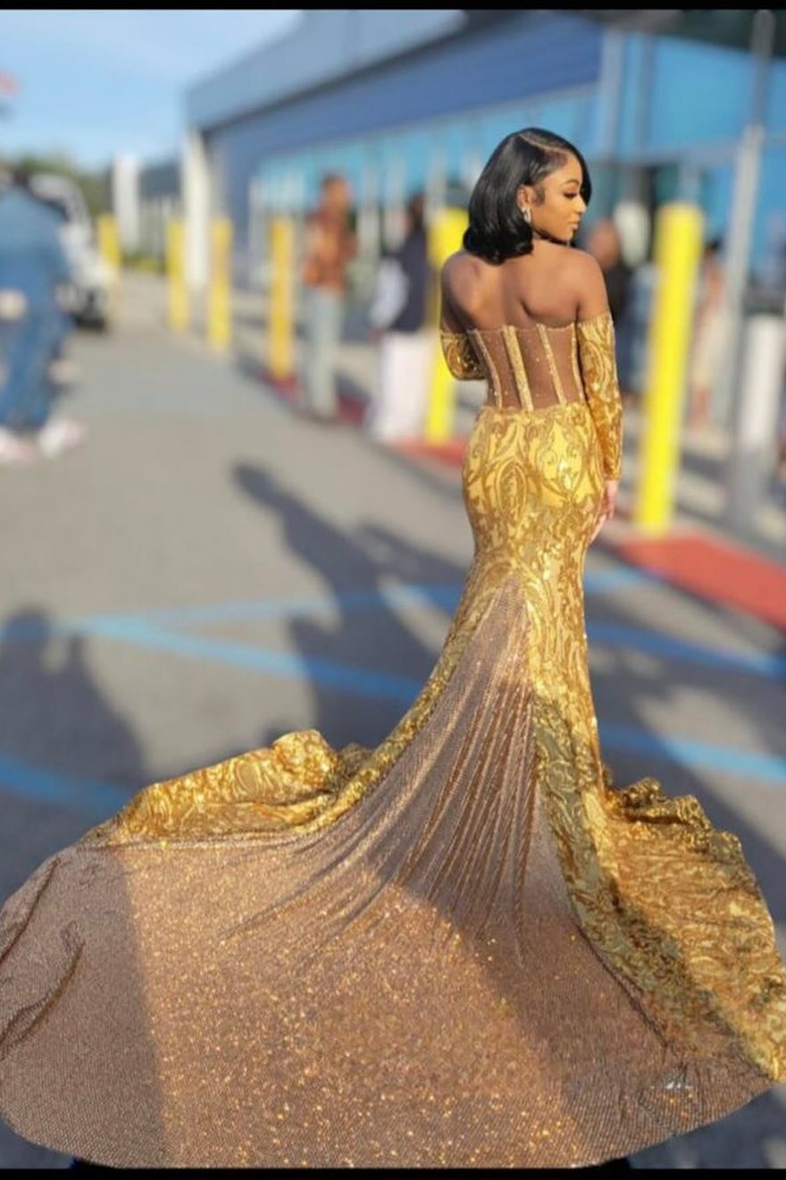 Sexy Gold Strapless Sequins Mermaid Beads Prom Dress-BallBride
